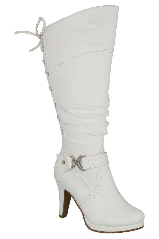 Women Leather Back Lace Knee High Mid Heel Boot