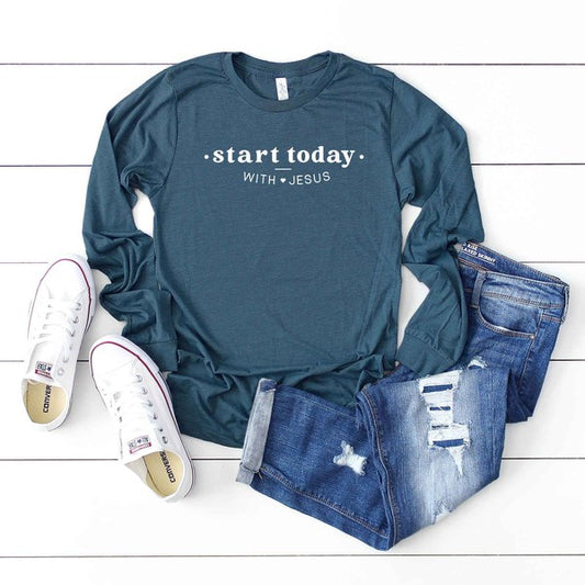 Start Today With Jesus Heart Long Sleeve Tee